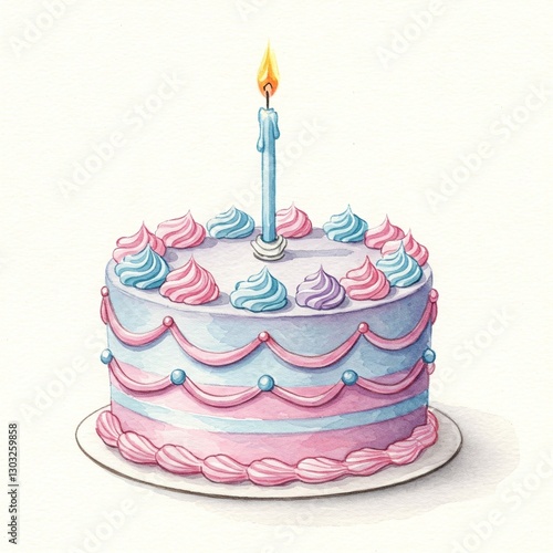 Vintage Watercolor Birthday Cake with Soft Pastel Tones