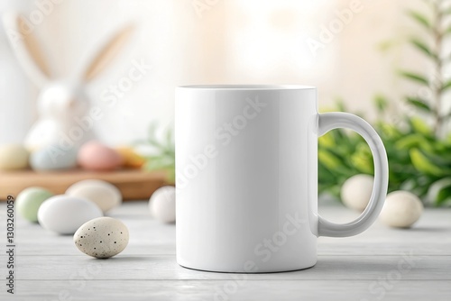 A clean and modern Easter-themed mug mockup surrounded by pastel eggs and a blurred festive background. Perfect for showcasing branding, designs, or seasonal artwork. photo