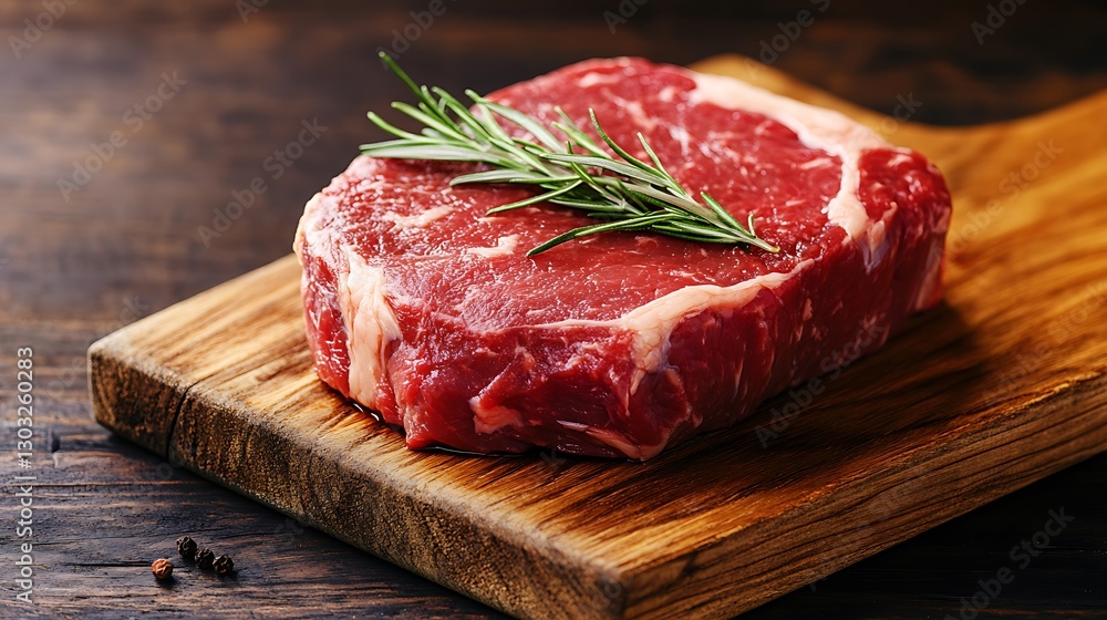 Raw ribeye steak on wooden board with rosemary sprig. Raw ribeye steak on wooden board with rosemary sprig.