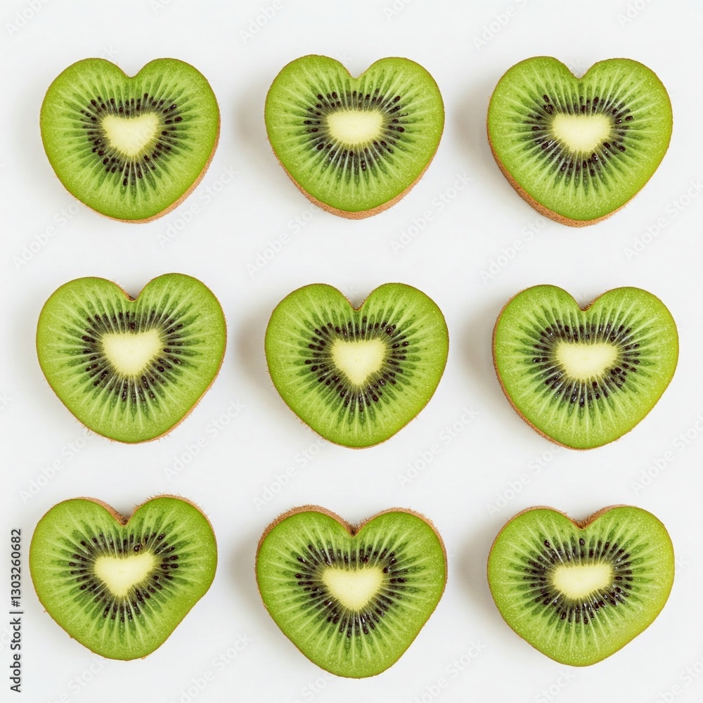 Fototapeta premium Heart-Shaped Kiwi Slices with Bright Green Flesh and Detailed Seeds on White Background