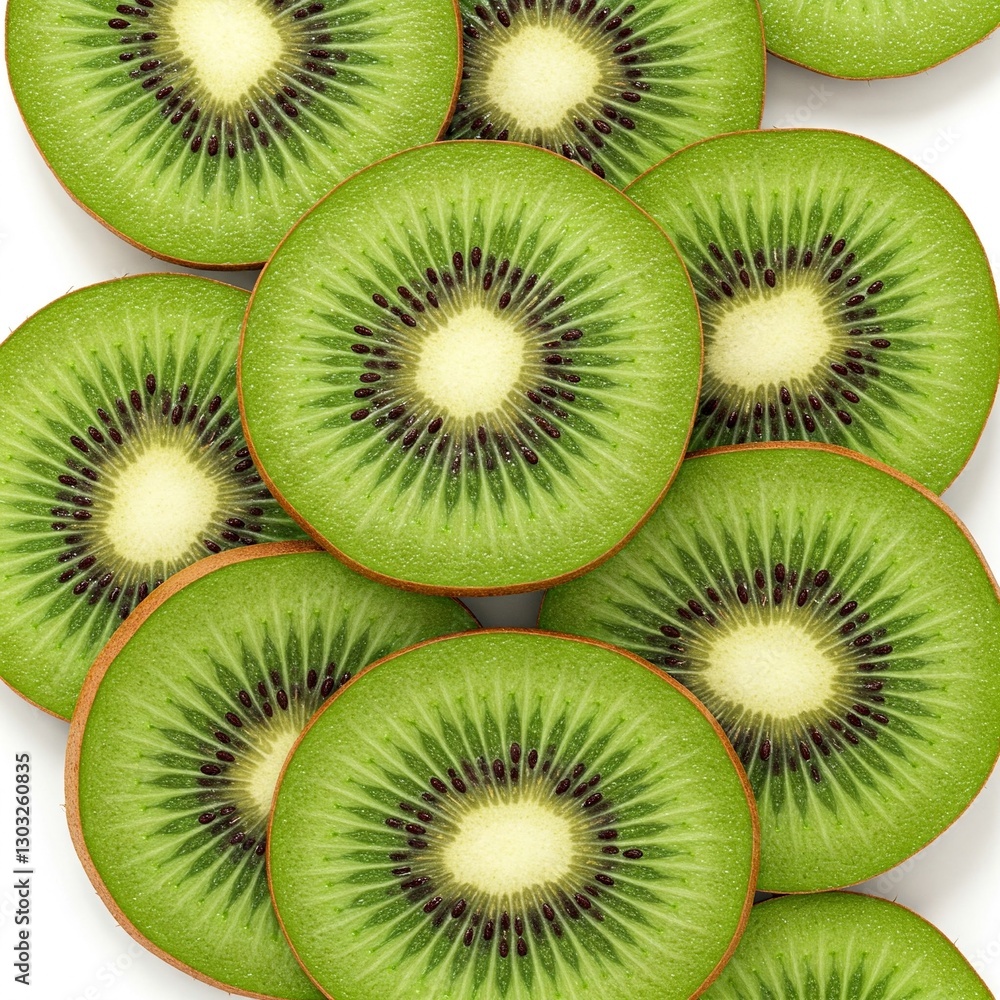 Overlapping Kiwi Slices with Bright Green Flesh and Black Seeds on White Background Overlapping Kiwi Slices with Bright Green Flesh and Black Seeds on White Background