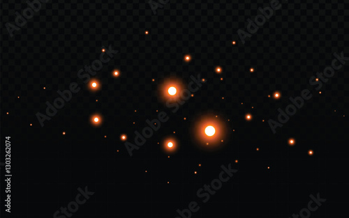 Glowing particles vector, orange light dots.  Sparkling, ethereal effect.  Transparent background overlay.  Magical, festive design.  Perfect for special effects, fairy lights, and fantasy graphics.