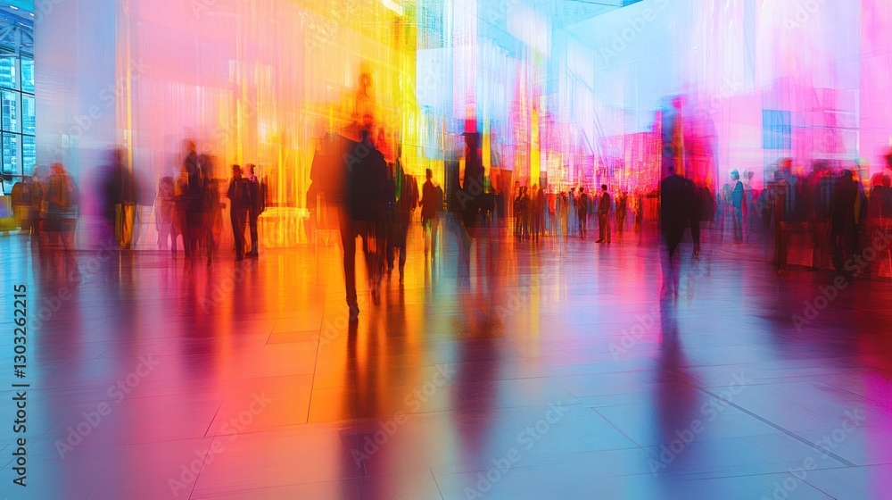 Blurred crowd in vibrant, colorful hall. Blurred crowd in vibrant, colorful hall.