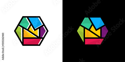 logo of a crown with colorful hexagons