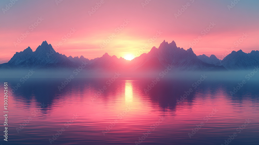 A breathtaking fantasy dawn with a pink afterglow illuminates the sky, reflecting on serene waters. Distant mountains rise beyond the horizon, creating a peaceful, ethereal atmosphere A breathtaking fantasy dawn with a pink afterglow illuminates the sky, reflecting on serene waters. Distant mountains rise beyond the horizon, creating a peaceful, ethereal atmosphere