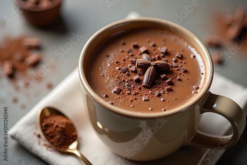A macro shot of creamy hot cacao in a beige stoneware mug, topped with nutmeg and chocolate shavings, placed on a neutral surface with a sprinkle of cocoa