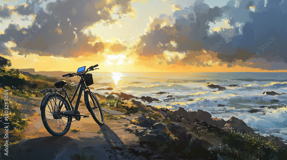 Fototapeta premium Bicycle parked on rocky coast at sunset with ocean waves and dramatic sky