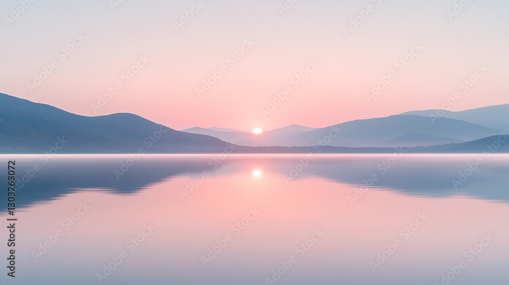 A breathtaking fantasy dawn with a pink afterglow illuminates the sky, reflecting on serene waters. Distant mountains rise beyond the horizon, creating a peaceful, ethereal atmosphere A breathtaking fantasy dawn with a pink afterglow illuminates the sky, reflecting on serene waters. Distant mountains rise beyond the horizon, creating a peaceful, ethereal atmosphere