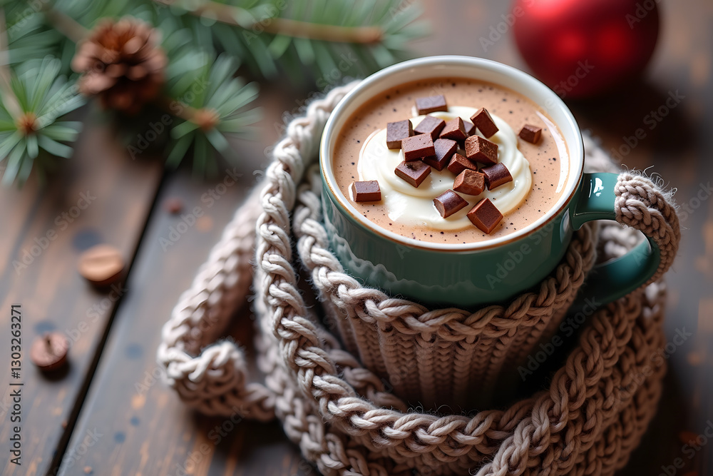 A winter-themed close-up of a knitted handle mug filled with hot cacao topped with whipped cream and chocolate pieces, nestled in a cozy woolen scarf surrounded by pine branches A winter-themed close-up of a knitted handle mug filled with hot cacao topped with whipped cream and chocolate pieces, nestled in a cozy woolen scarf surrounded by pine branches