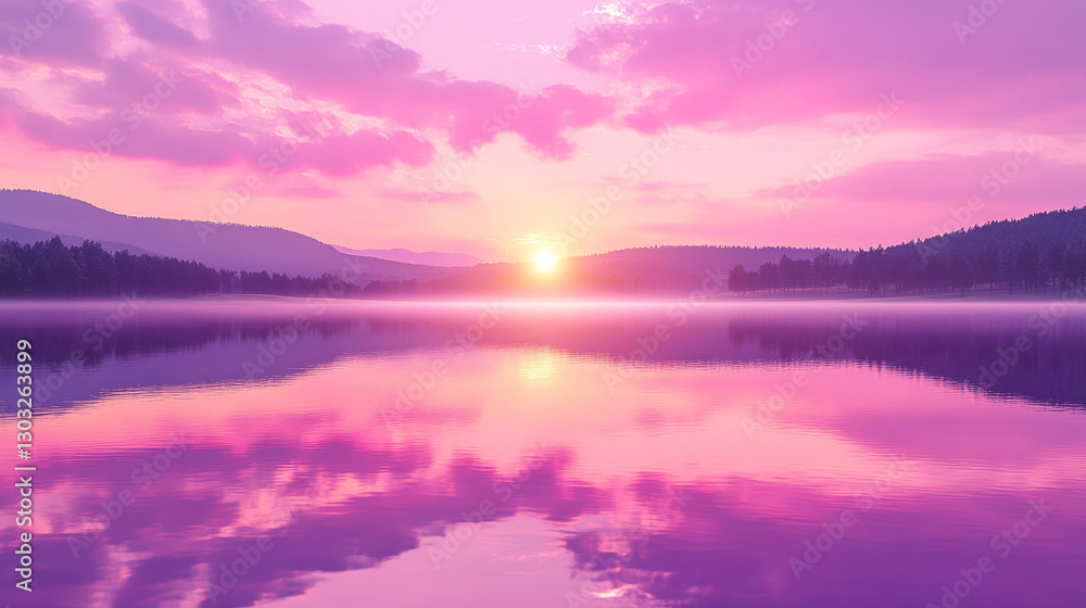 Fototapeta premium A breathtaking fantasy dawn with a pink afterglow illuminates the sky, reflecting on serene waters. Distant mountains rise beyond the horizon, creating a peaceful, ethereal atmosphere