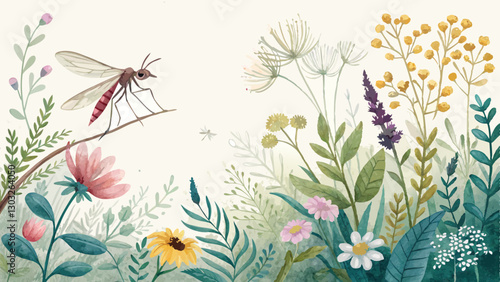 Watercolor Floral Background with Copy Space: Hand-Painted Mosquito and Malaria’s Impact on Communities Surrounded by Healing Herbs and Plants, Serene and Restorative Feel*