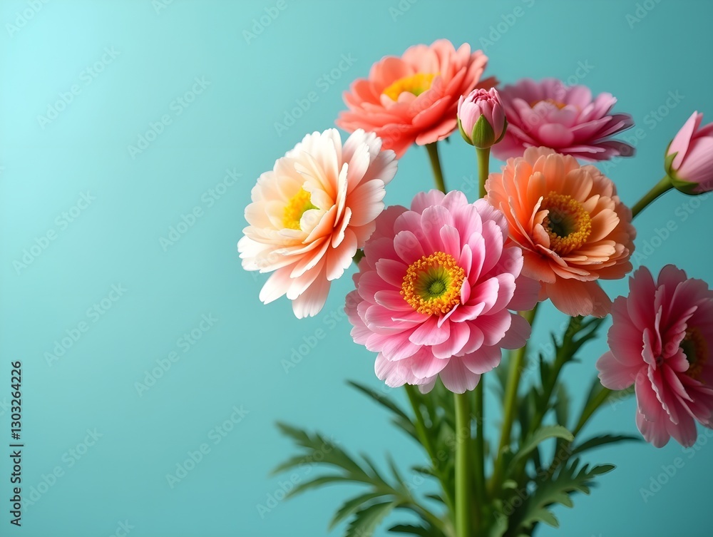 A burst of colorful ranunculus flowers displayed against an aqua background, showcasing beauty and elegance A burst of colorful ranunculus flowers displayed against an aqua background, showcasing beauty and elegance