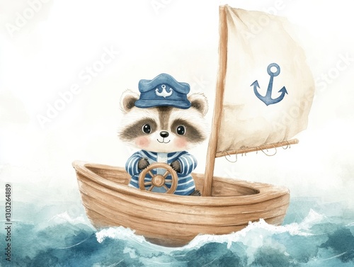Cute raccoon captain sailing in a small boat on a calm sea under a clear sky