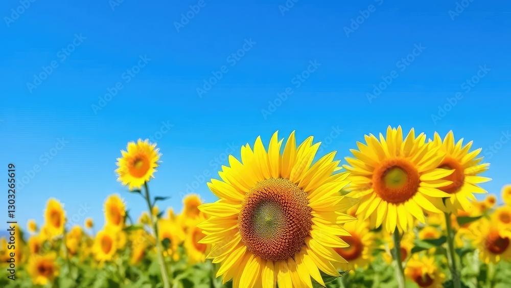 Obraz premium A field of yellow sunflowers swaying in the breeze against a bright blue sky, wind, sunflower