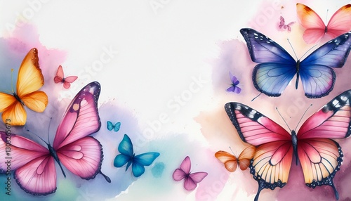 several butterflies painted with delicate watercolor paints on a light background with space for text congratulations advertising