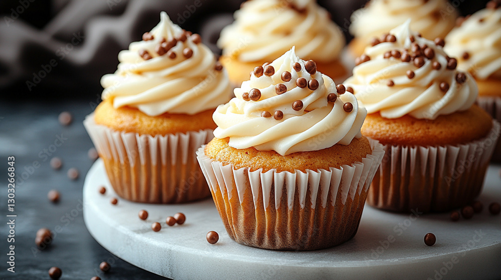 A white marble table holds a plate of cupcakes with smooth white icing, delicately sprinkled with small pearl balls. The modern setting exudes elegance, purity, and minimalistic sophistication.
A white marble table holds a plate of cupcakes with smooth white icing, delicately sprinkled with small pearl balls. The modern setting exudes elegance, purity, and minimalistic sophistication.