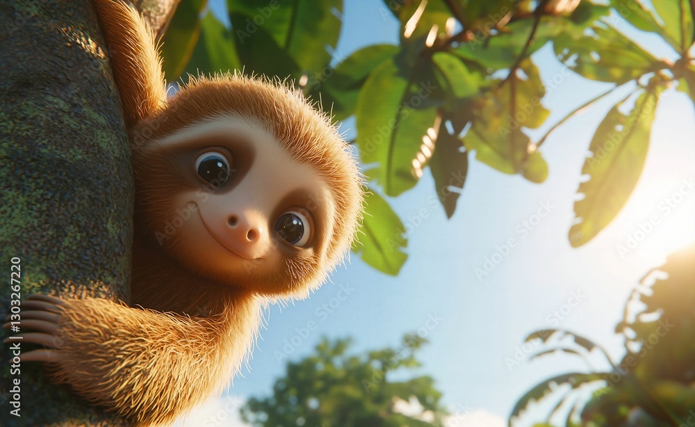 Obraz premium Adorable Cartoon Sloth Clinging to a Textured Tree Trunk Under a Bright Tropical Sky