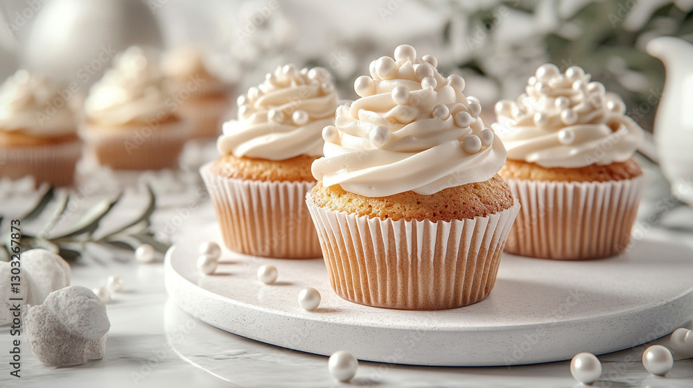 A white marble table holds a plate of cupcakes with smooth white icing, delicately sprinkled with small pearl balls. The modern setting exudes elegance, purity, and minimalistic sophistication.
A white marble table holds a plate of cupcakes with smooth white icing, delicately sprinkled with small pearl balls. The modern setting exudes elegance, purity, and minimalistic sophistication.