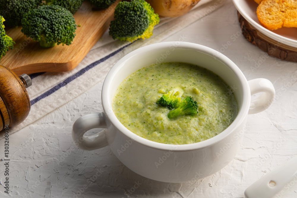 Fresh broccoli soup in white bowl.Cream soup with brocoli potatoes and onion.Healthy vegan dish. Fresh broccoli soup in white bowl.Cream soup with brocoli potatoes and onion.Healthy vegan dish.