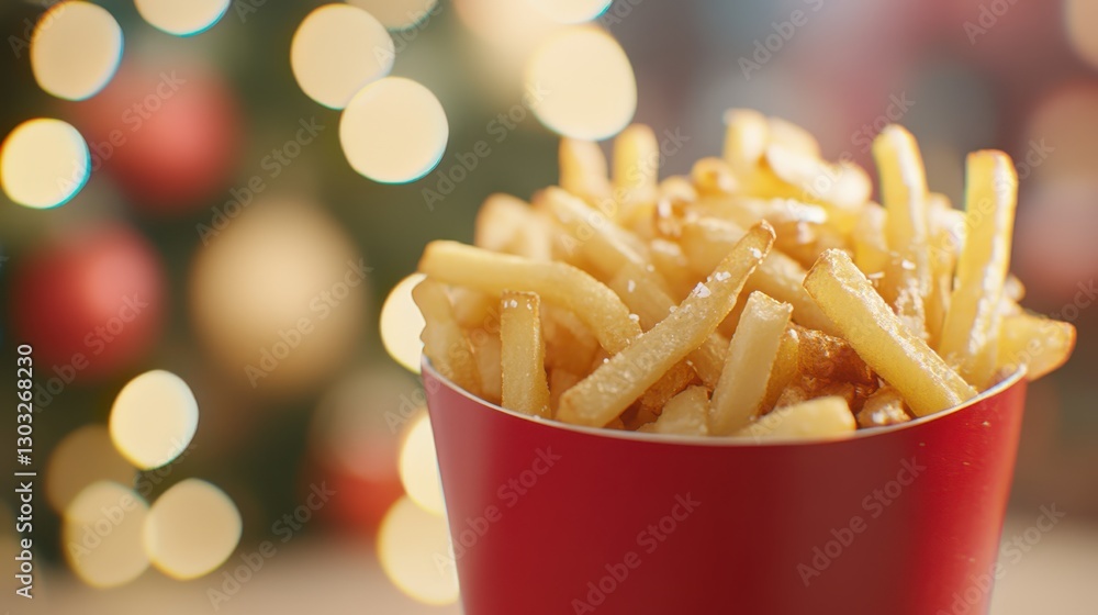 Crispy fries in red cup with holiday lights, salty and appetizing snack Crispy fries in red cup with holiday lights, salty and appetizing snack