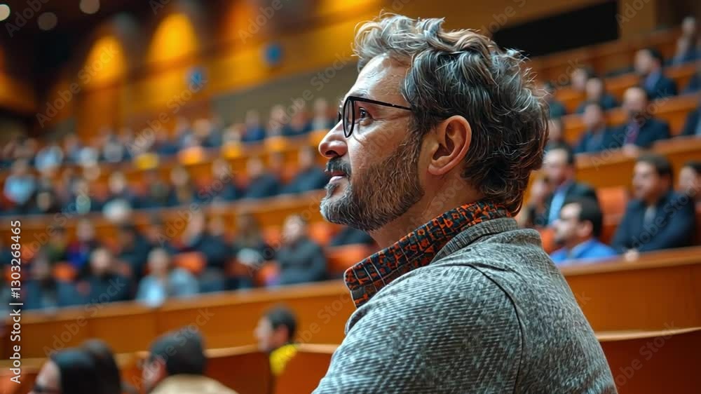 Focused Speaker in Auditorium: A mid-shot captures a focused man with glasses, center stage in a grand auditorium, appearing to be a speaker. Focused Speaker in Auditorium: A mid-shot captures a focused man with glasses, center stage in a grand auditorium, appearing to be a speaker.