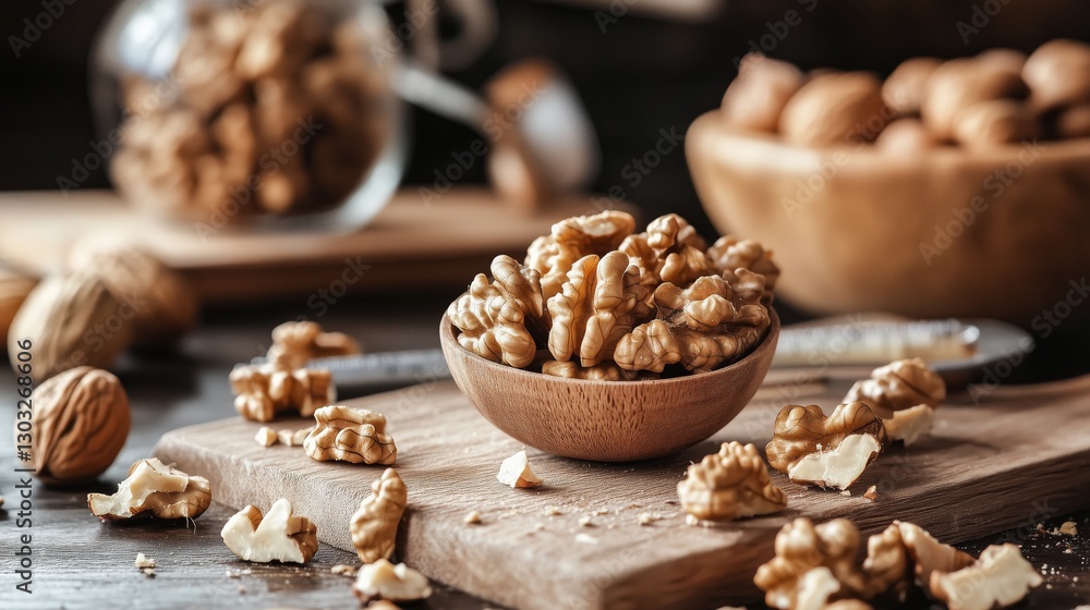 Walnut kernels in a wooden bowl Walnut kernels in a wooden bowl