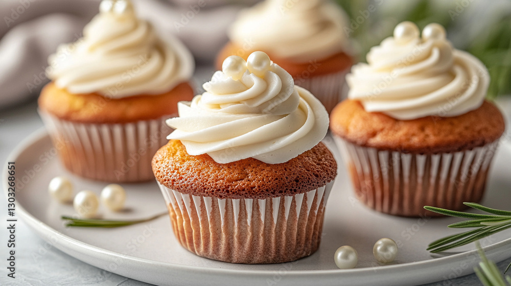 A white marble table holds a plate of cupcakes with smooth white icing, delicately sprinkled with small pearl balls. The modern setting exudes elegance, purity, and minimalistic sophistication.
A white marble table holds a plate of cupcakes with smooth white icing, delicately sprinkled with small pearl balls. The modern setting exudes elegance, purity, and minimalistic sophistication.