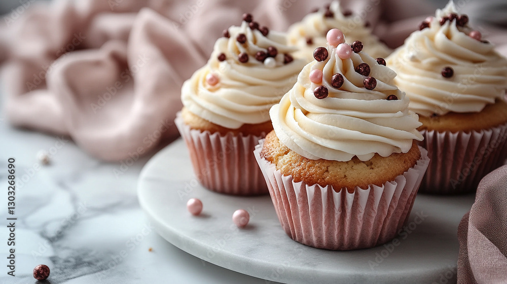 A white marble table holds a plate of cupcakes with smooth white icing, delicately sprinkled with small pearl balls. The modern setting exudes elegance, purity, and minimalistic sophistication.
A white marble table holds a plate of cupcakes with smooth white icing, delicately sprinkled with small pearl balls. The modern setting exudes elegance, purity, and minimalistic sophistication.