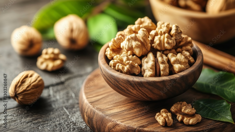 Walnut kernels in a wooden bowl Walnut kernels in a wooden bowl