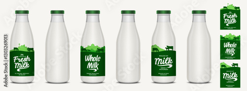 Milk labels with farm, cows and calves. Milk glass bottles with labels and unlabeled. Vector illustration