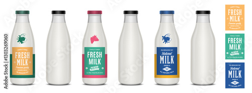Vector milk labels. Milk glass bottles with labels and unlabeled