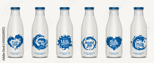 Vector milk glass bottles with labels in the shape of milk splashes
