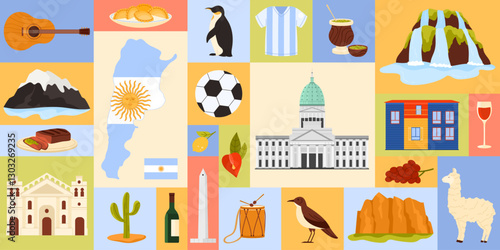 Vector illustration showing iconic symbols of Argentina, including landmarks, foods, and traditional elements. Reflects Argentina cultural richness.