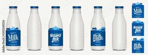 Milk labels with farm, cows and calves. Milk glass bottles with labels and unlabeled. Vector illustration