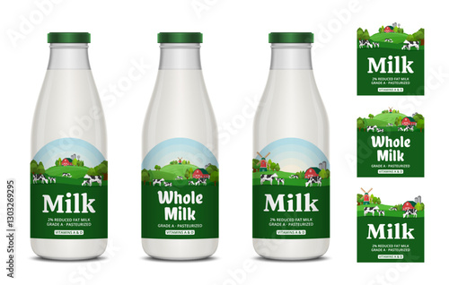 Milk labels with farm, cows and calves. Milk glass bottles with labels. Vector illustration
