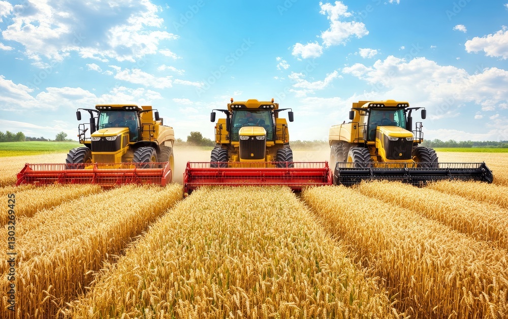Fototapeta premium Three yellow combine harvesters working in sync to harvest a golden wheat field under a bright blue sky with fluffy clouds