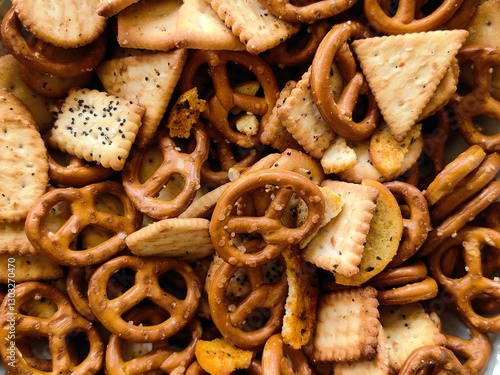 Crackers and Pretzels. Mixed salty snack for party. Appetizer salted biscuit