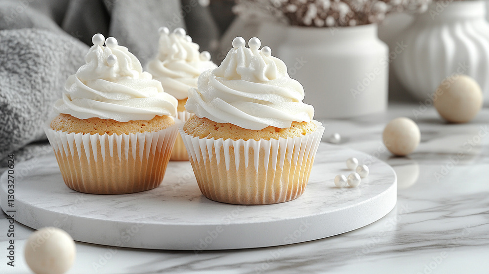 A white marble table holds a plate of cupcakes with smooth white icing, delicately sprinkled with small pearl balls. The modern setting exudes elegance, purity, and minimalistic sophistication.
A white marble table holds a plate of cupcakes with smooth white icing, delicately sprinkled with small pearl balls. The modern setting exudes elegance, purity, and minimalistic sophistication.