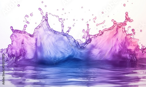Colorful vibrant splashes of liquid,  purple, pink, and blue hues, against a white background, showing a dynamic and energetic action,  with water droplets and a reflective surface below