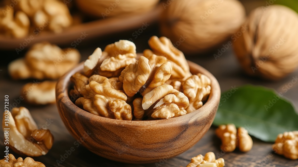 Walnut kernels in a wooden bowl Walnut kernels in a wooden bowl