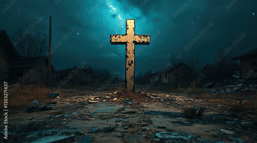 Fototapeta premium horrors of war wooden cross in the middle of a destroyed village at night