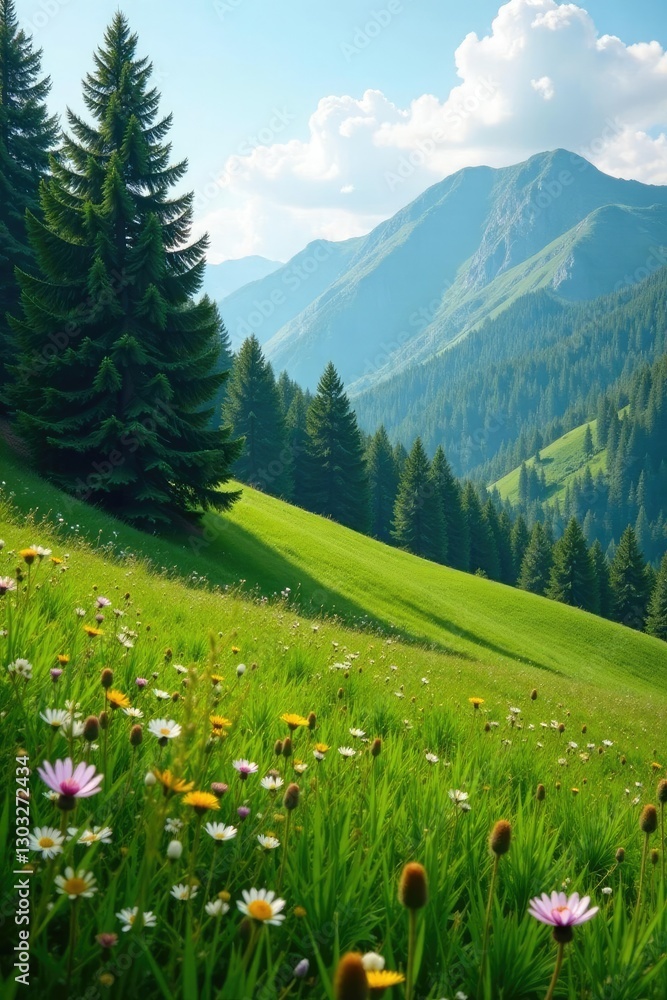 Fototapeta premium Lush green meadow with wildflowers gradually giving way to towering coniferous trees on a hill, woodland, foliage