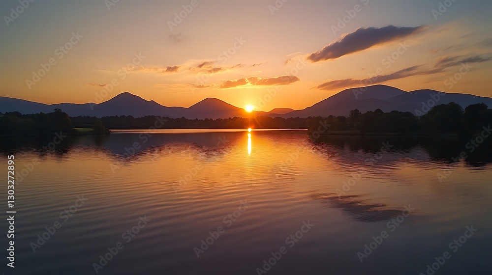 Serene sunset over calm lake with mountain silhouettes and reflection. Serene sunset over calm lake with mountain silhouettes and reflection.