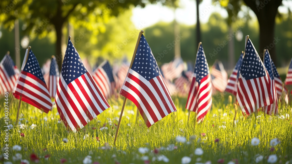 A field of American flags are in the grass A field of American flags are in the grass