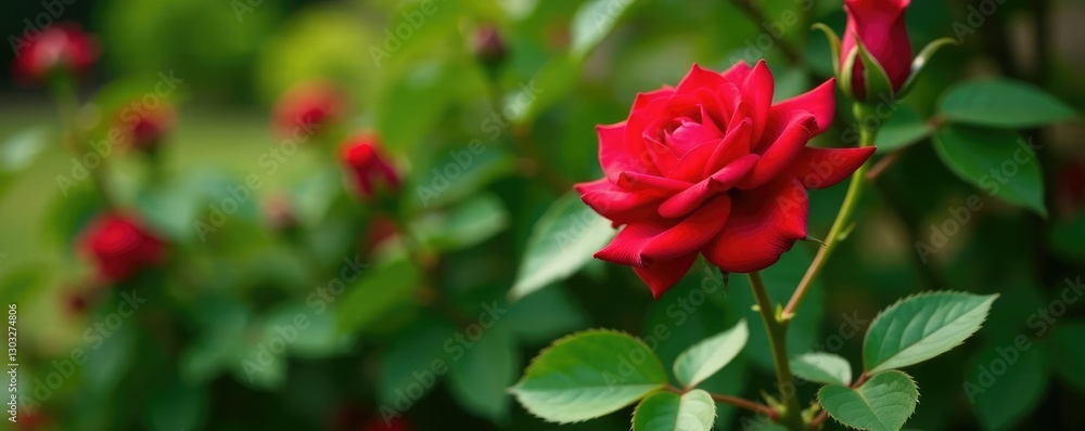Obraz premium Red rose bush with thorny stems and lush green leaves, flowers, garden