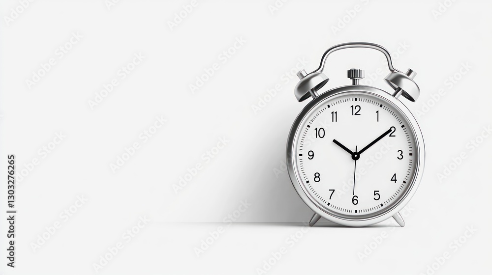 Classic Silver Alarm Clock on White Background: Time Management and Punctuality Classic Silver Alarm Clock on White Background: Time Management and Punctuality