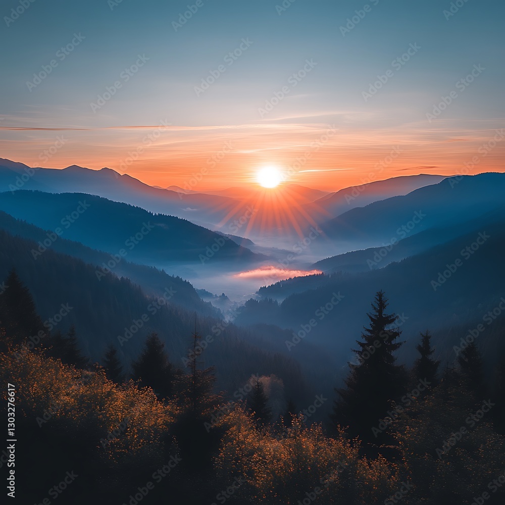 Sunrise over misty mountain valley (1) Sunrise over misty mountain valley (1)