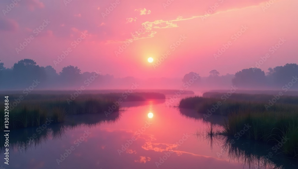 Soft pink light spreads across serene marsh landscape at sunrise, dawn, calm Soft pink light spreads across serene marsh landscape at sunrise, dawn, calm
