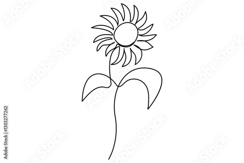 A single-line black and white illustration of a sunflower
