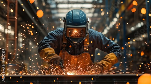 industrial workers in safety mask and protective mask welding steel structure in factory